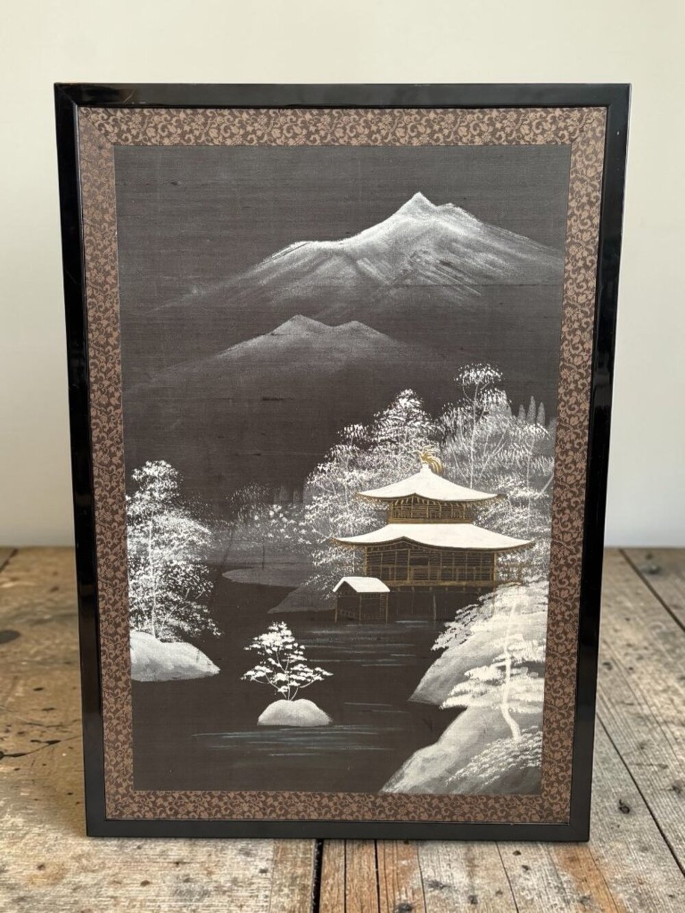 Silk painting, Japanese Winter Landscape Pagoda and Mount Fuji Black & Gold Fram